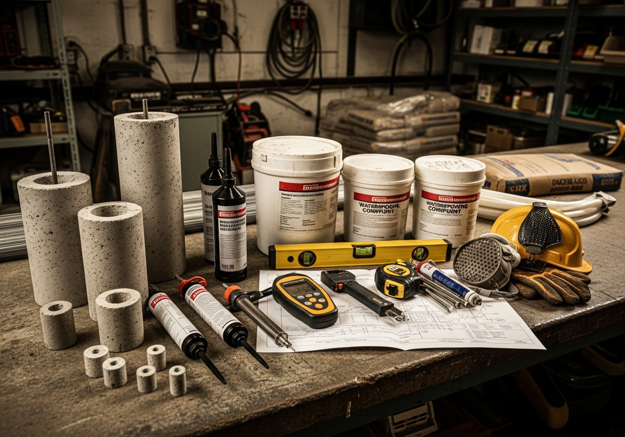 Contractor tools and equipment arranged on a work surface, representing the foundation repair and waterproofing trade.
