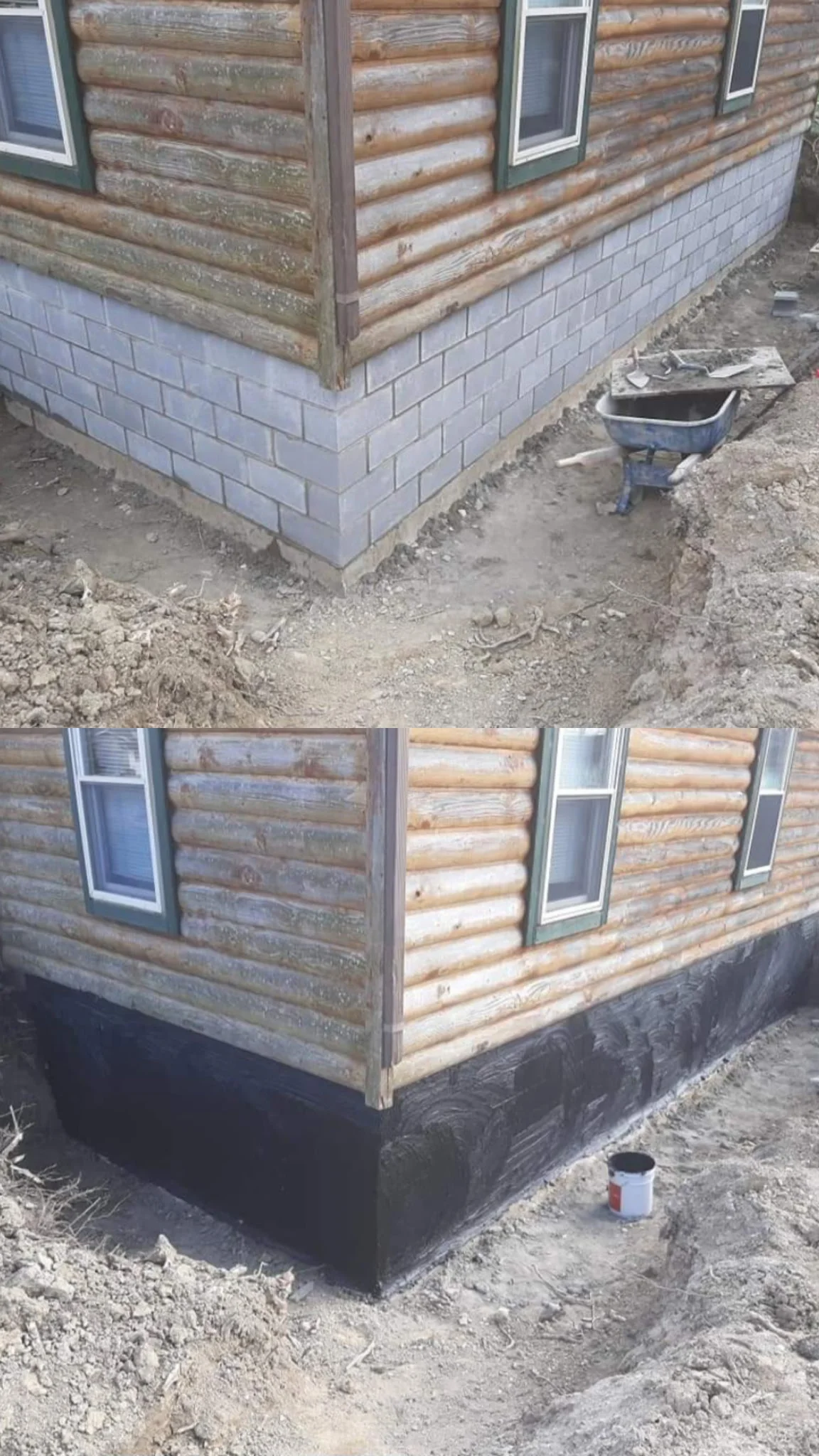 Log home foundation with concrete block base and applied waterproof membrane coating