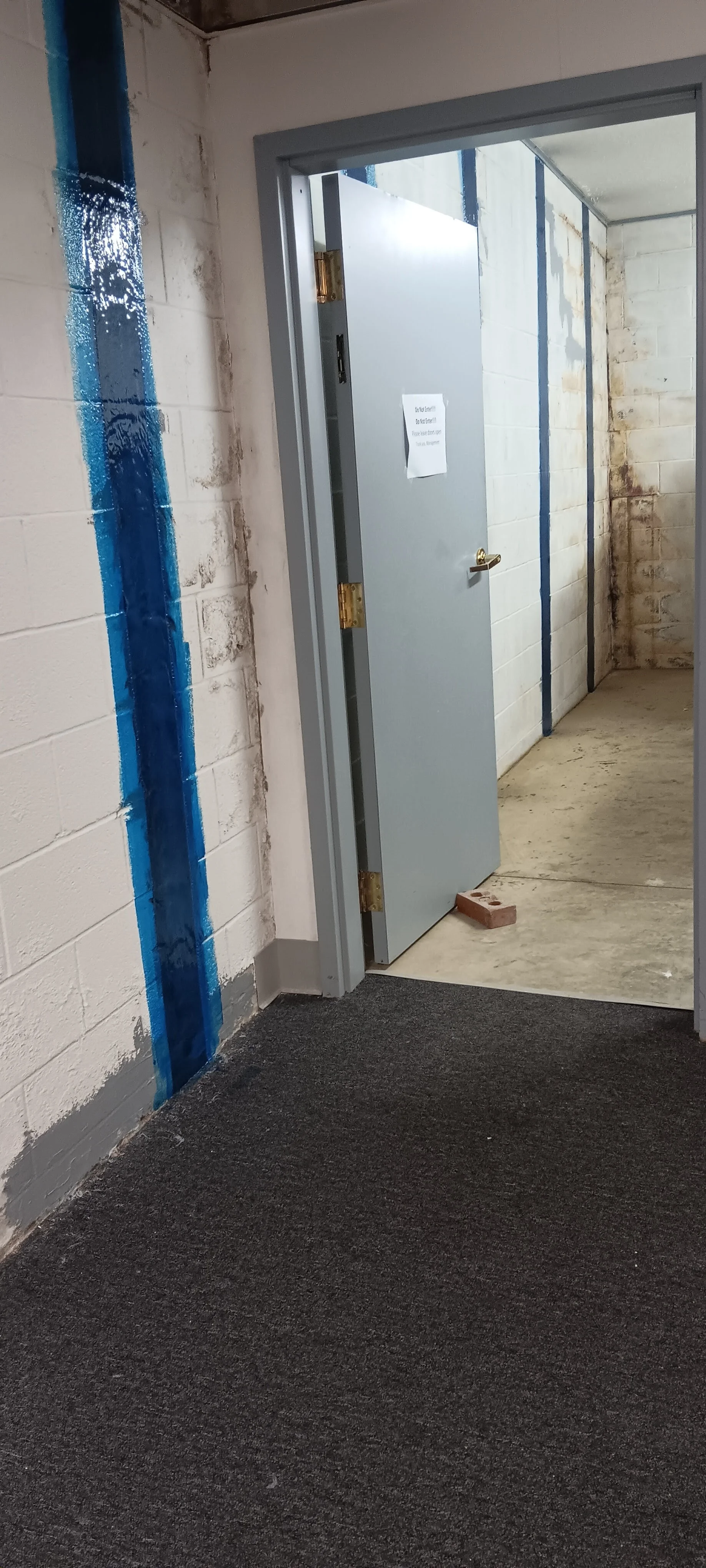 Basement waterproofing project with new drywall, gray framing, and blue moisture barrier on column