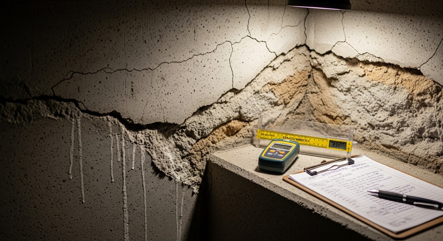 A Watertight Solutions inspector examining a poured concrete basement wall in a Troy, MI home, checking for horizontal cracks and moisture staining near the floor. Close-up view shows a measuring tool placed against a visible wall crack during a professional foundation inspection.