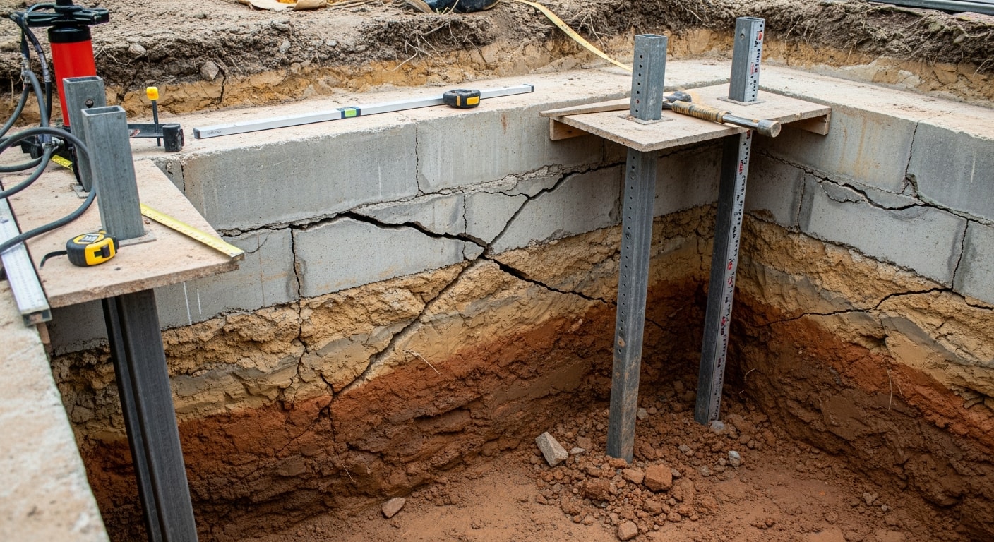 A Troy, MI home's basement foundation wall showing diagonal settlement cracks near a corner, with a technician from Watertight Solutions assessing the damage. Close-up view of the crack pattern typical of clay soil settlement in Oakland County.